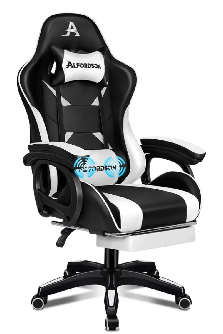 ALFORDSON Chaise Gaming avec Chaise Bureau de Massage Lombaire à 2 Points Blanc