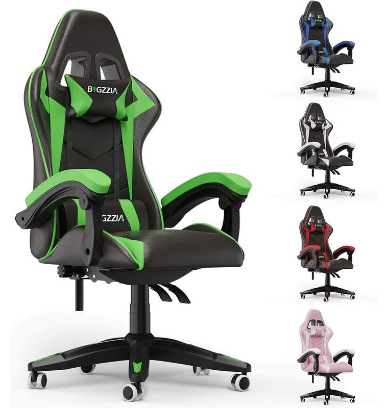 Bigzzia - Fauteuil de bureau Chaise Gamer Chaises de bureau à haut dossier avec coussin et dossier inclinable Noir et Vert