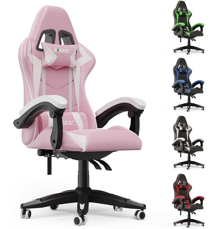 Bigzzia - Fauteuil de bureau Chaise Gamer Chaises de bureau à haut dossier avec coussin et dossier inclinable Rose et Blanc