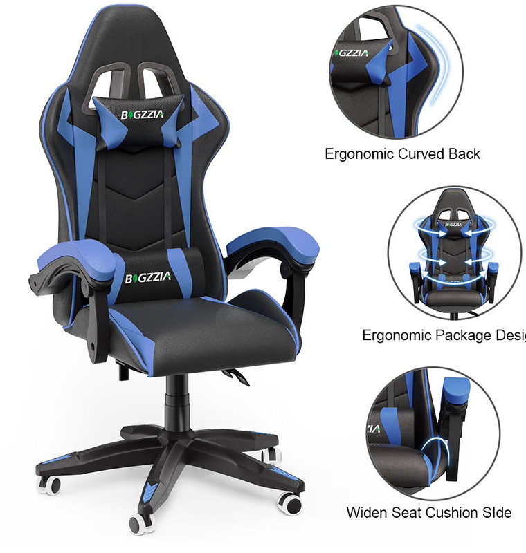 Bigzzia - Fauteuil de bureau Chaise Gamer Chaises de bureau à haut dossier avec coussin et dossier inclinable Noir et Bleu