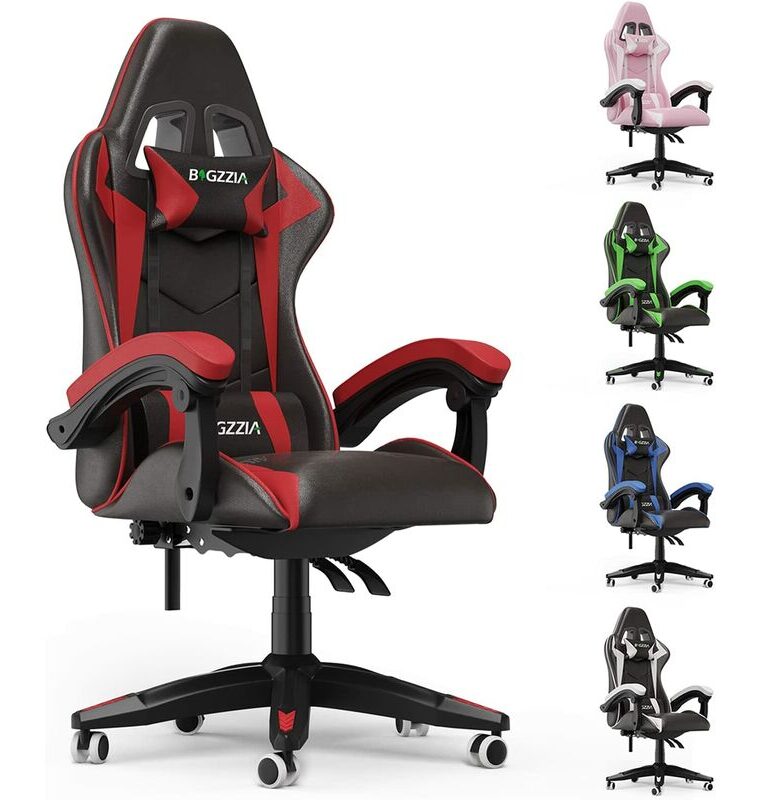 Bigzzia - Fauteuil de bureau Chaise Gamer Chaises de bureau à haut dossier avec coussin et dossier inclinable Noir et Rouge